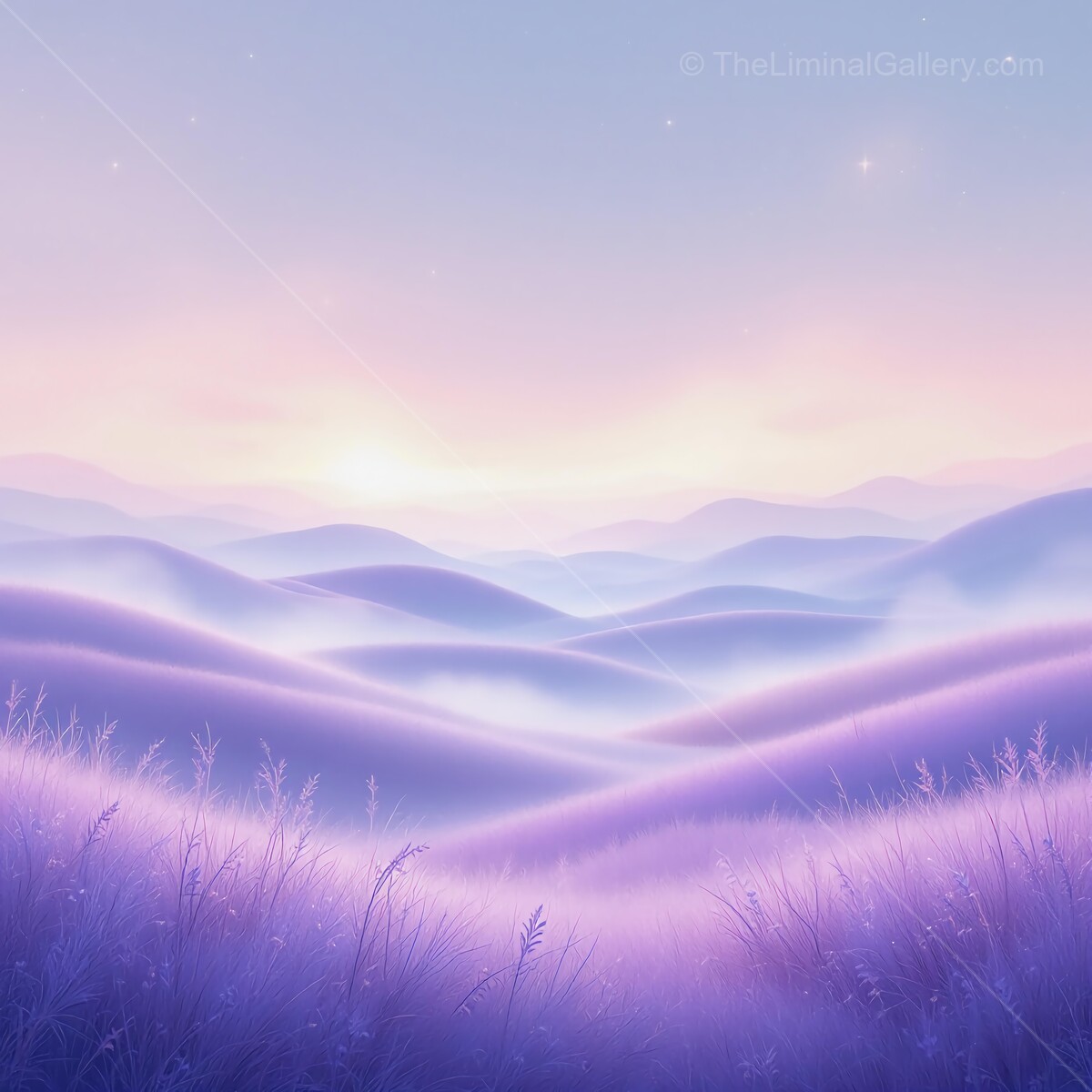 Soft liminal lavender hills rise gently against a tranquil dawn, casting a spell of serene beauty in the early morning light
