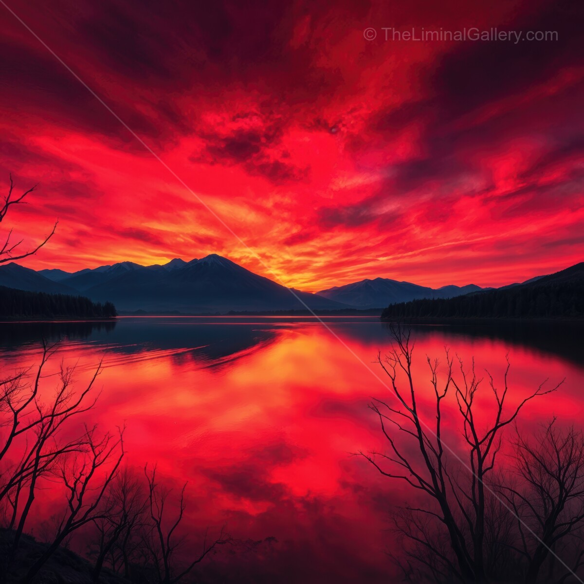 Stunning twilight over a tranquil lake with vibrant crimson reflections and silhouettes of distant mountains