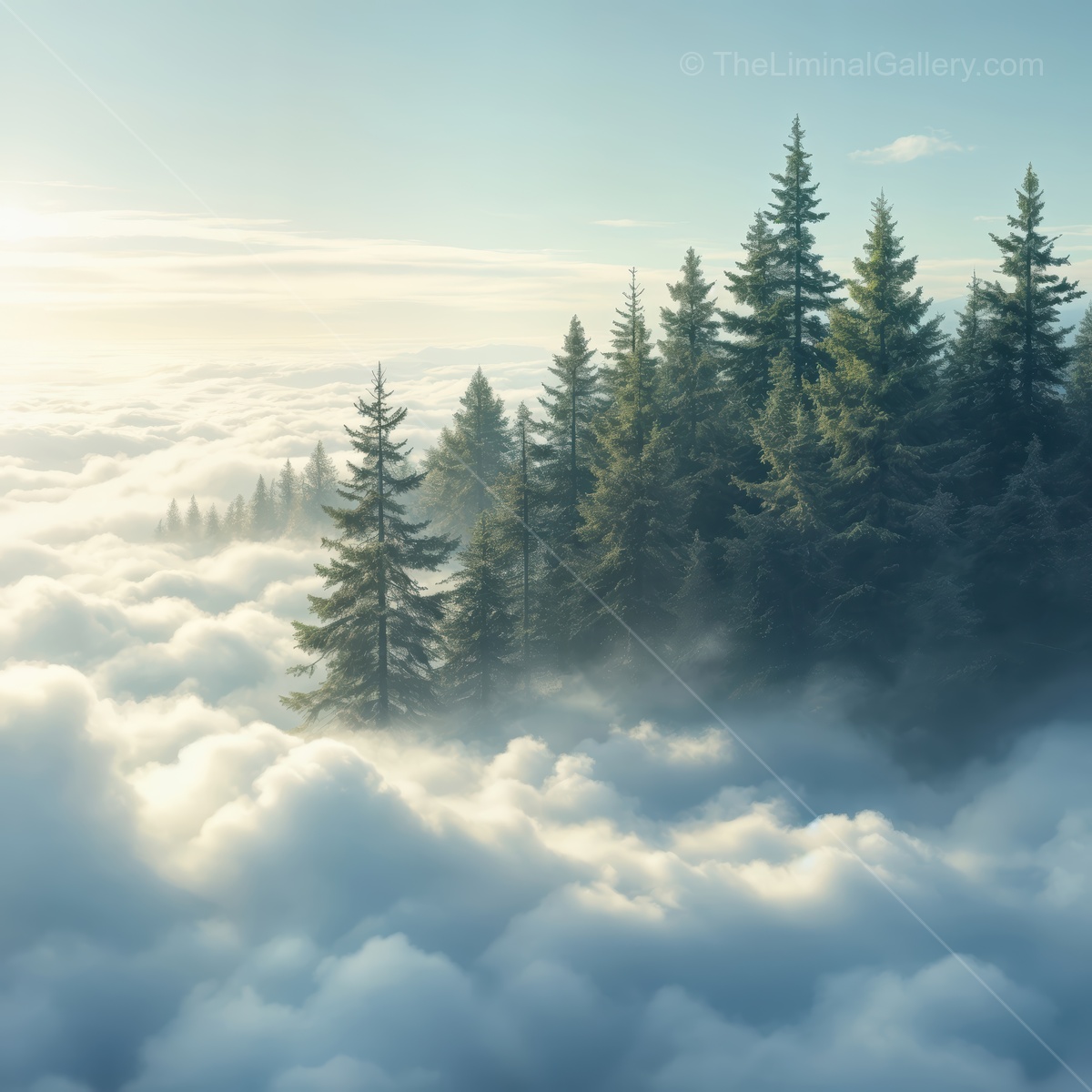 Ethereal forest emerges above a sea of clouds at sunrise creating a surreal liminal space