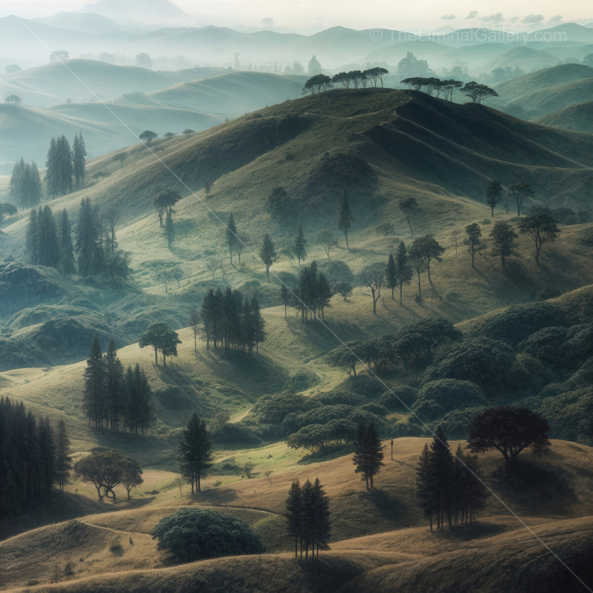 Sunrise over rolling liminal hills and misty valleys showcasing nature's tranquility in a remote landscape