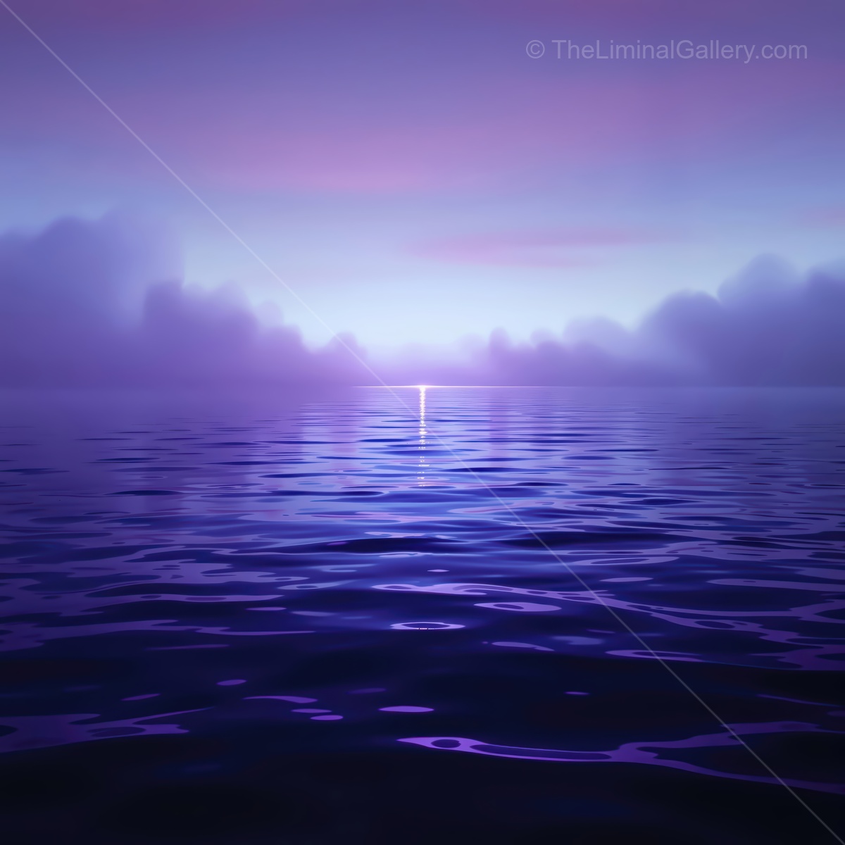 Ethereal sunrise over tranquil waters bathed in soft purples and blues