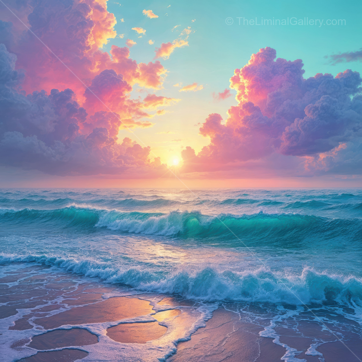 Vibrant sunset paints ocean waves in surreal hues of pink and blue over tranquil shore