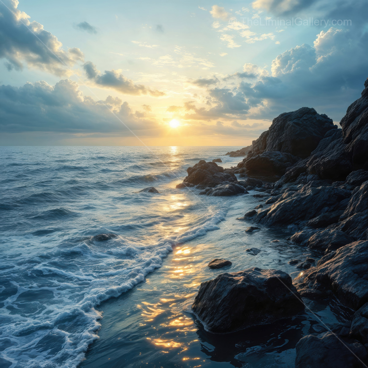 Experience the serene beauty of a sunset reflecting on the ocean waves by rocky shores