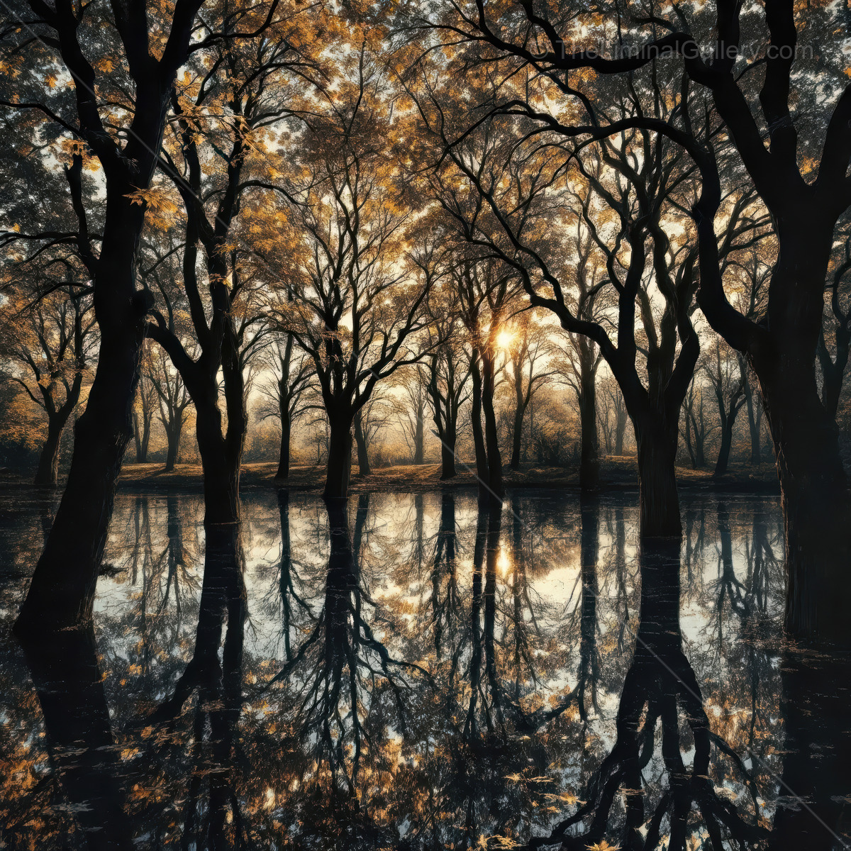 Misty twilight envelops a tranquil swampy forest with reflections shimmering on a still pond