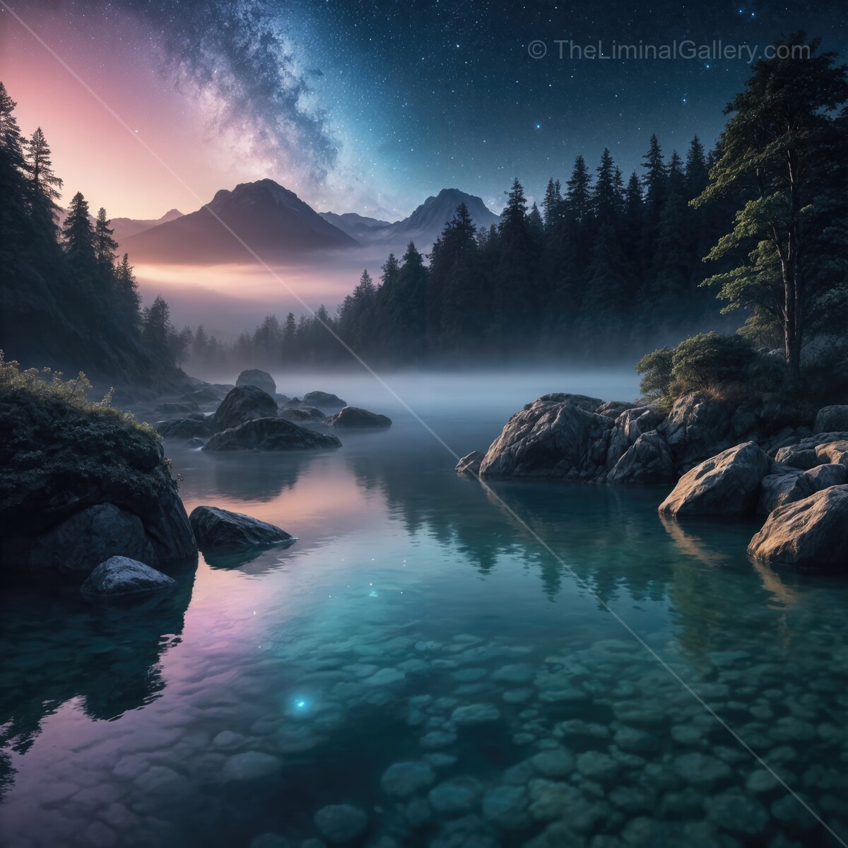 Breathtaking twilight reflections on a serene lake surrounded by majestic mountains and a starry sky