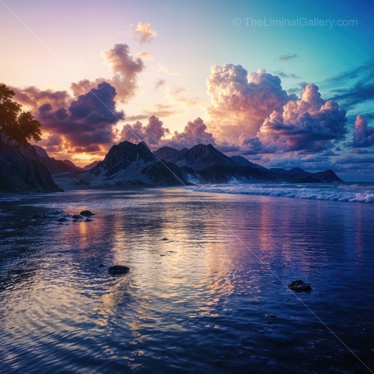 Breathtaking twilight at a calm beach revealing liminal beauty and colorful clouds