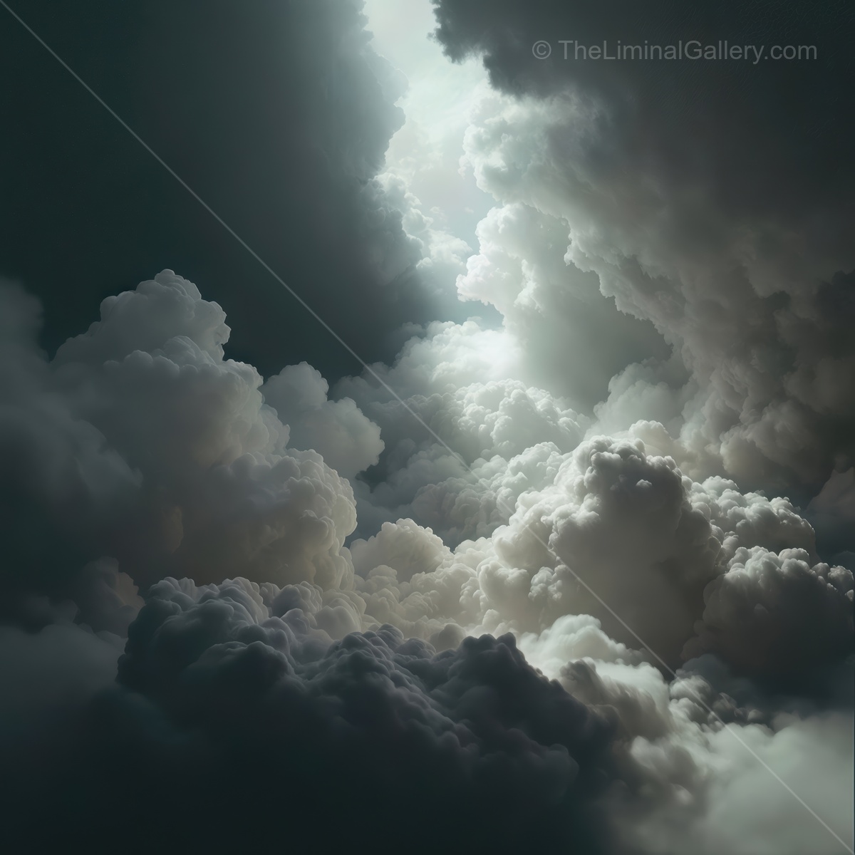 Dramatic twilight shafts pierce dense clouds, casting ethereal light and shadow across serene landscape, creating otherworldly ambience and visual wonder