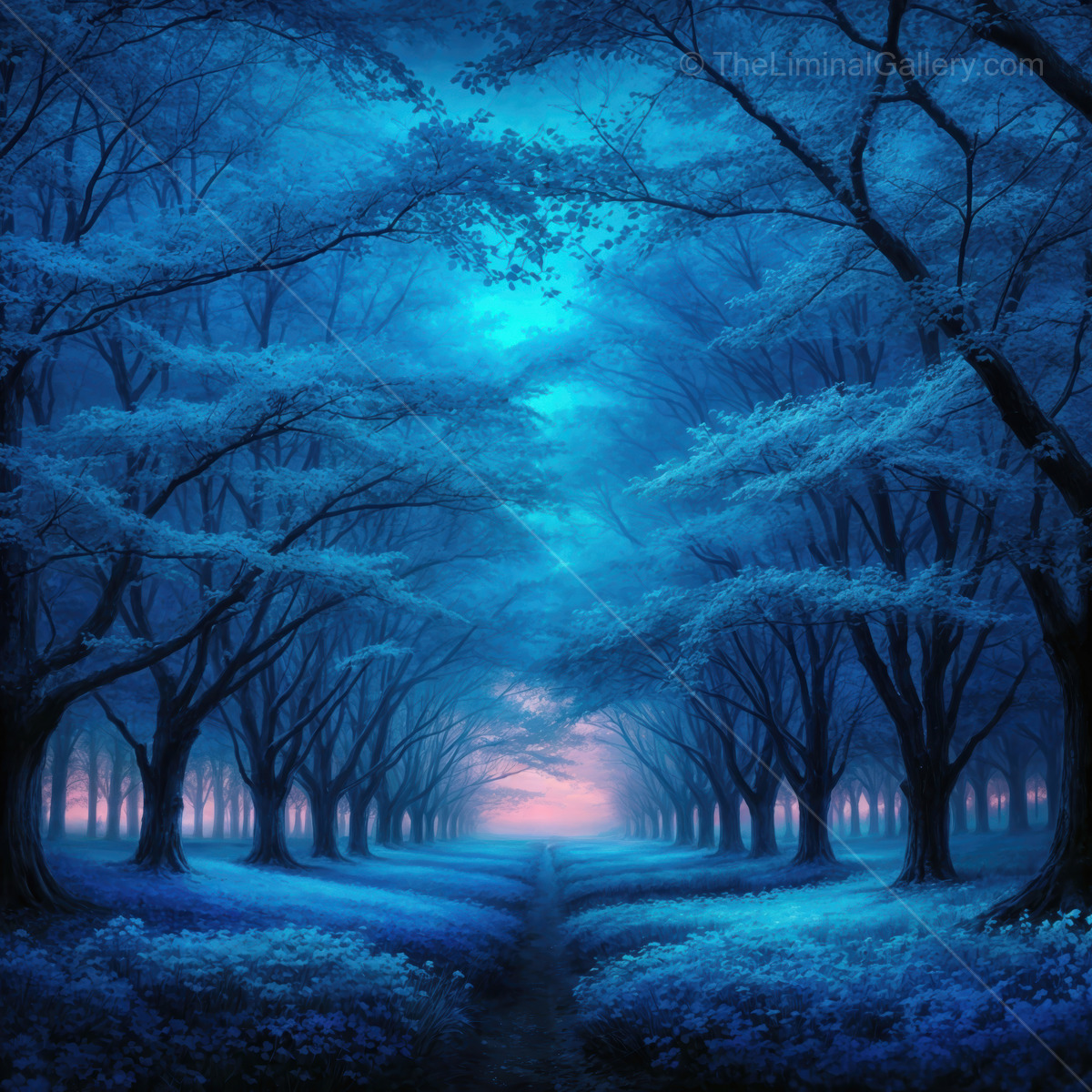 Mysterious twilight in a serene blue forest evoking a liminal feeling