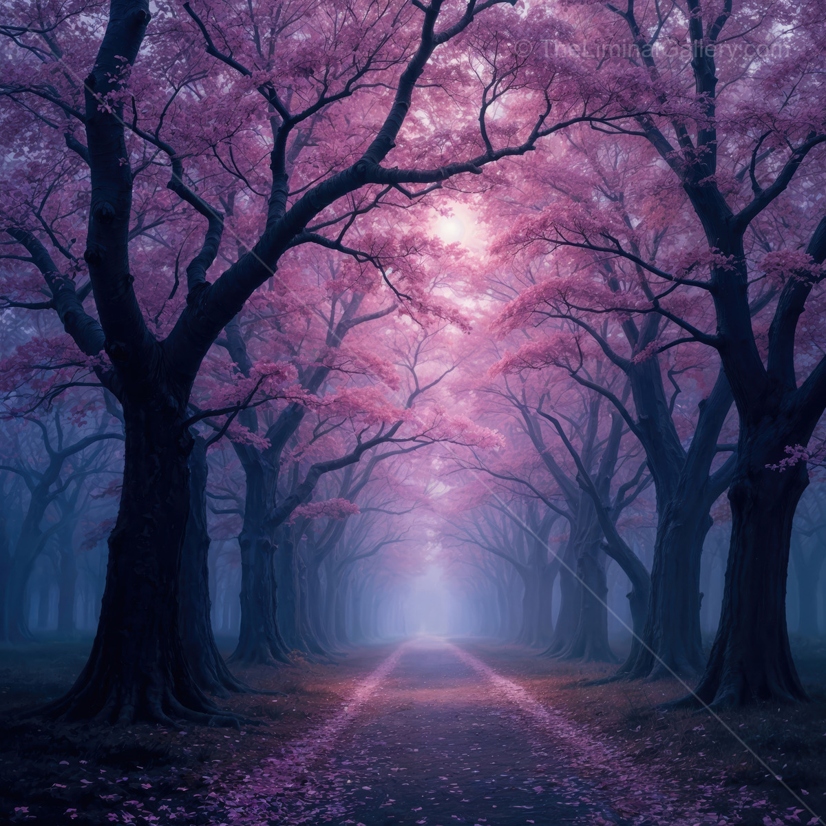 Enchanted walk through a twilight forest with glowing cherry blossom trees