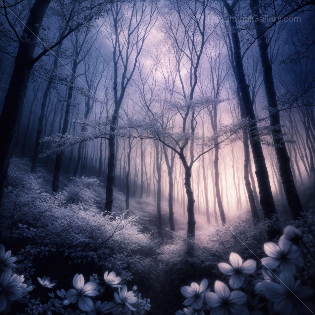 Mystical twilight in an ethereal forest with blossoms illuminating the path of discovery