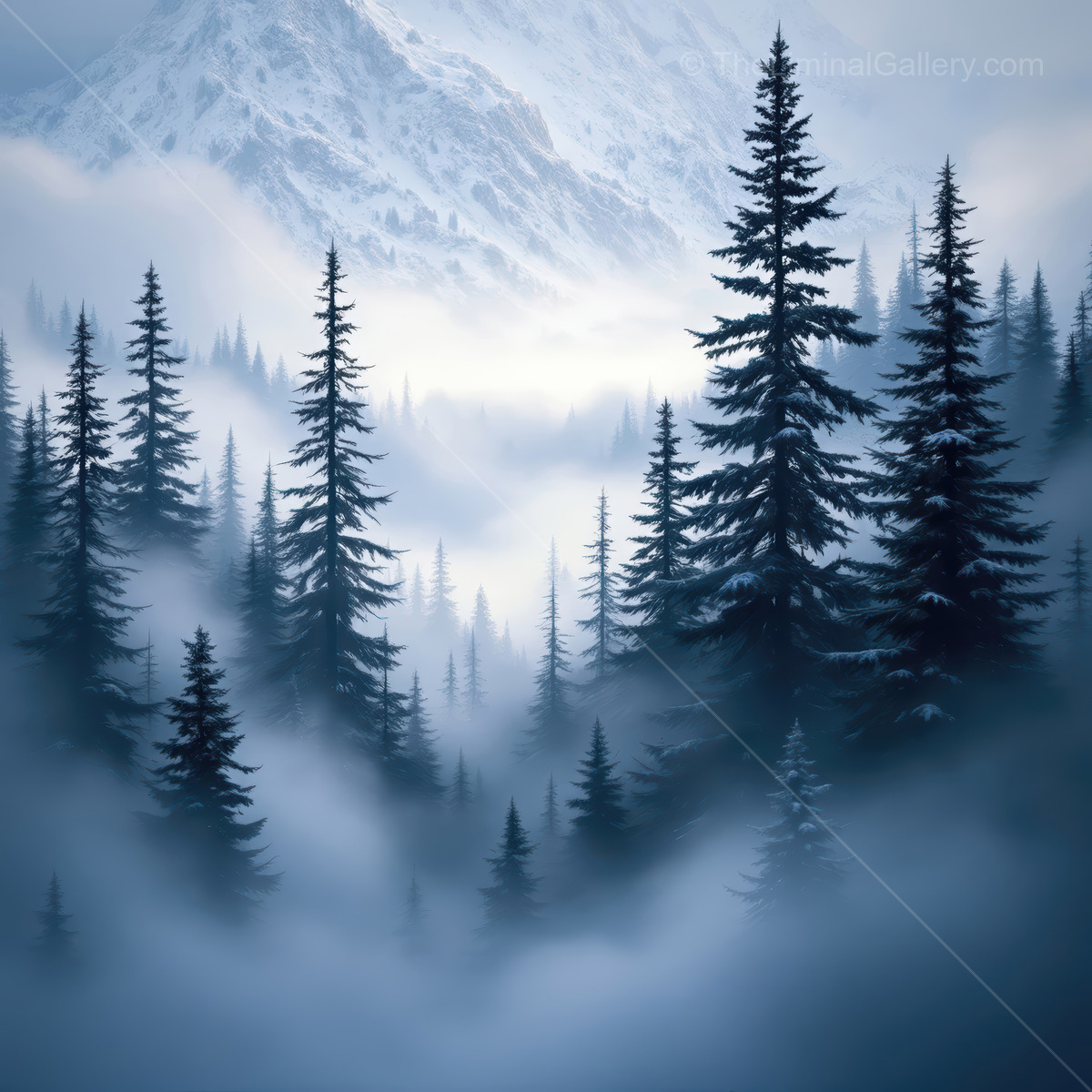Mysterious forest shrouded in fog with towering trees and distant mountains under a serene twilight sky