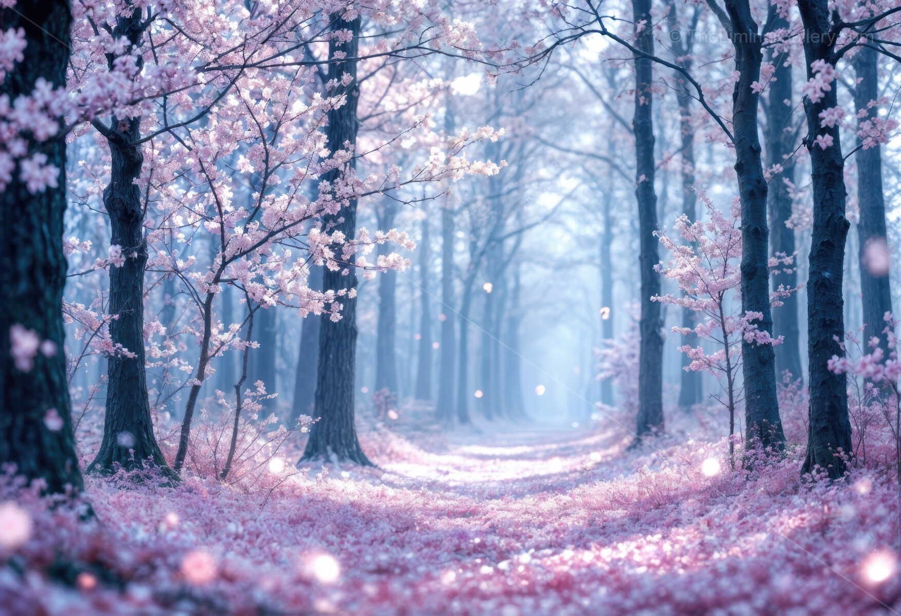 Dreamlike exploration of a pastel-toned forest path with blooming trees at twilight