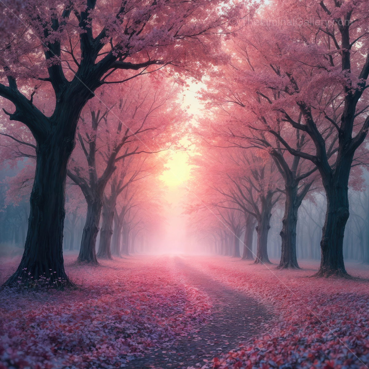 Whispers of twilight in a dreamy pink forest at the edge of dawn