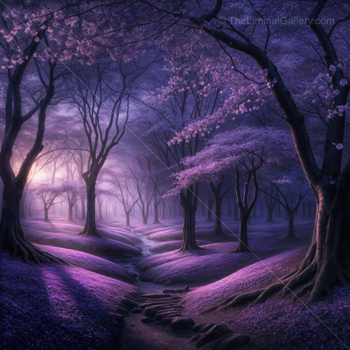 Liminal twilight in a mystical forest filled with purple blossoms and tranquil streams of light