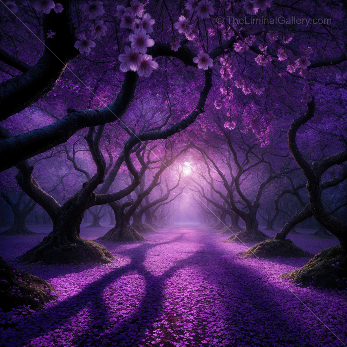 Enchanting twilight journey through a mystical grove of vibrant purple trees
