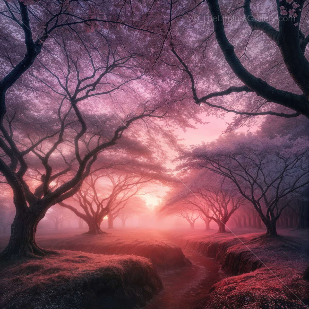 Whispers of twilight illuminate a forgotten grove steeped in liminal beauty