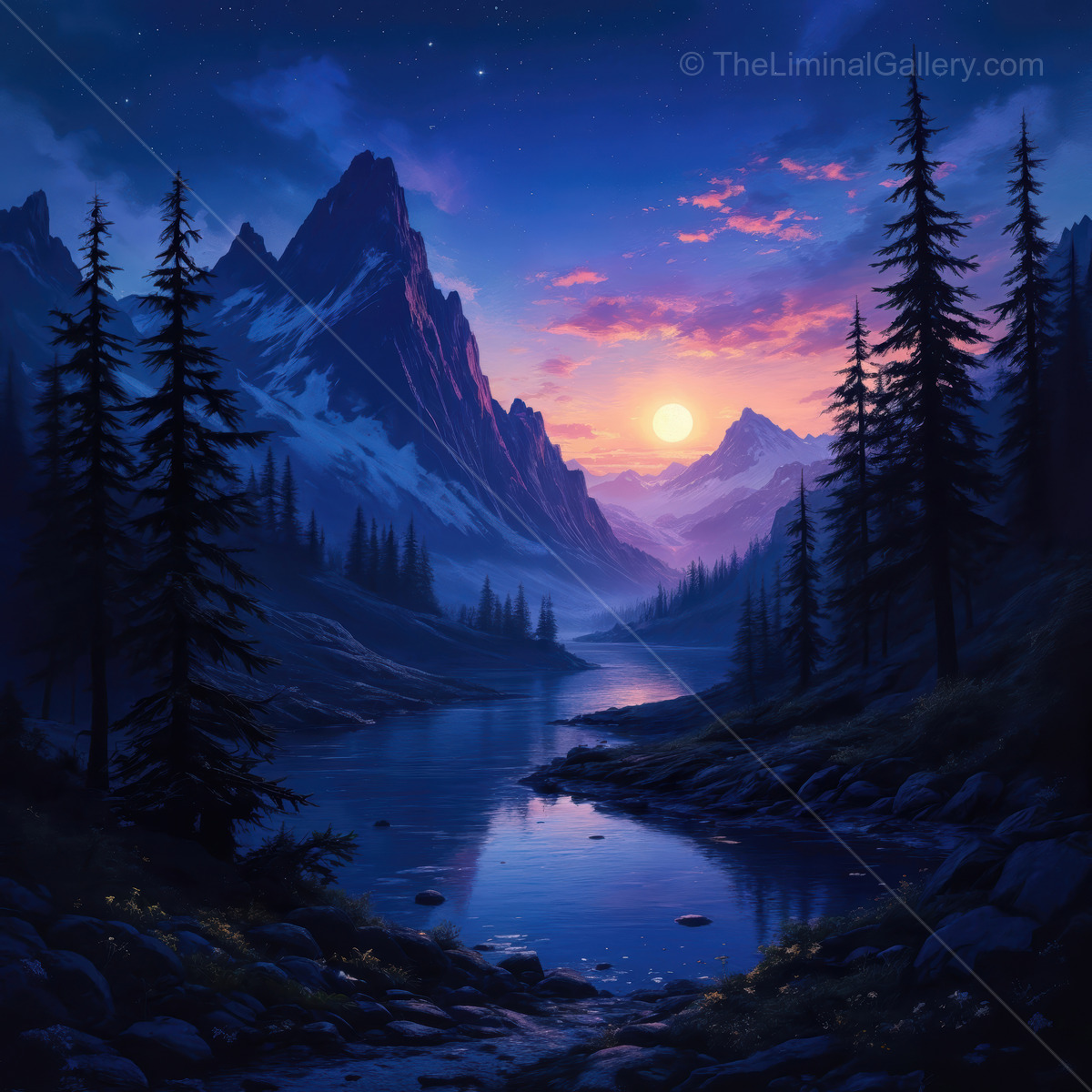 Majestic twilight in a serene mountain valley, where the sun meets the river