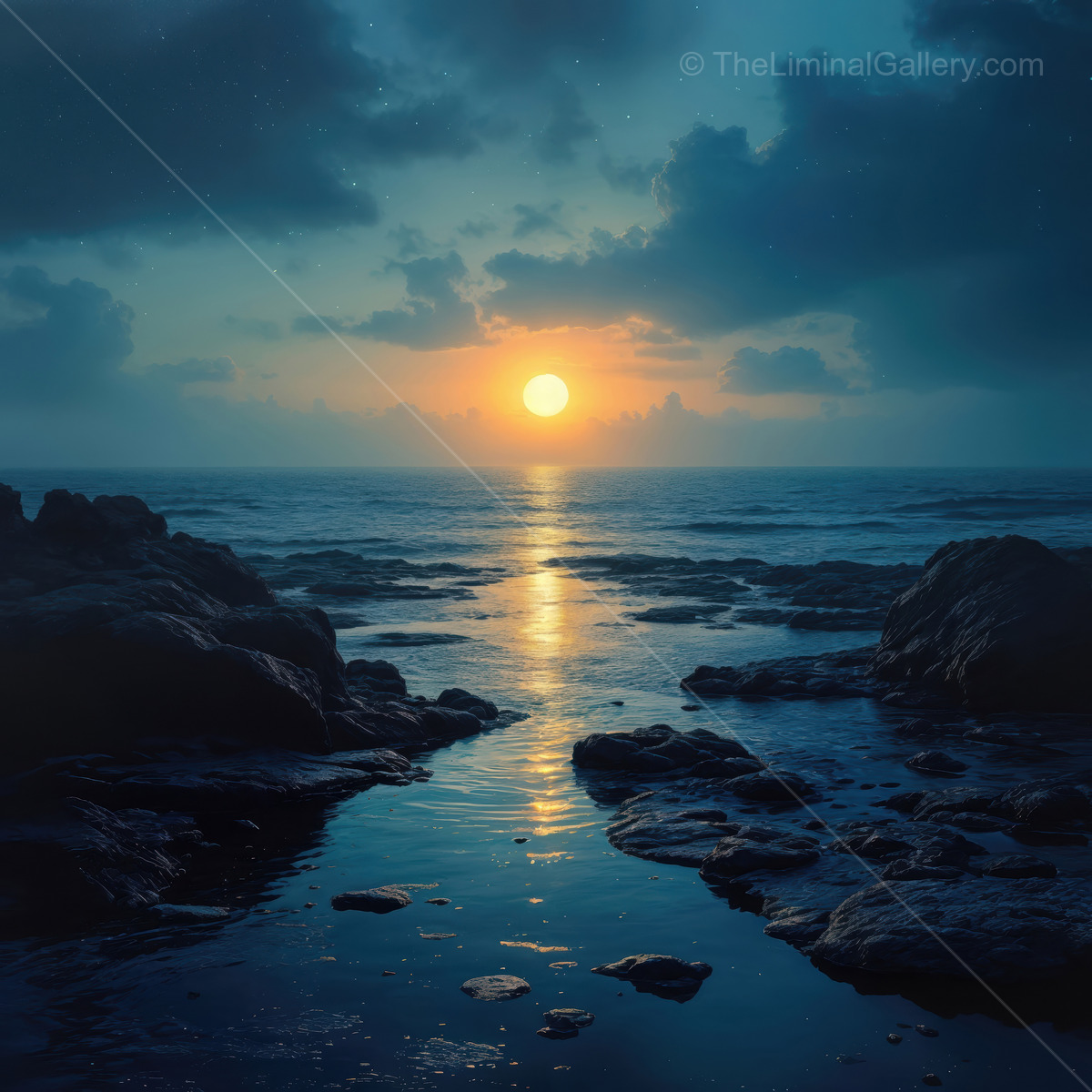 Mesmerizing twilight glow over liminal ocean waters and rocky shores