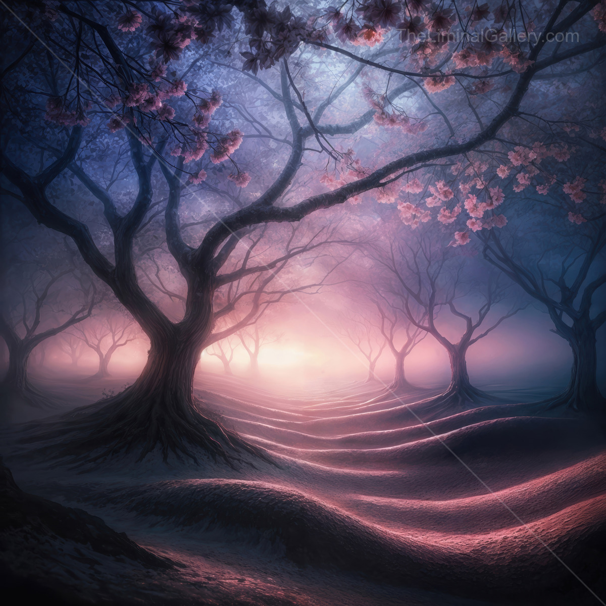 Enchanted twilight path through blooming trees in a surreal liminal landscape