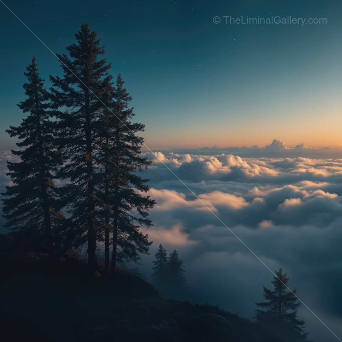 Liminal twilight above misty clouds, where towering pines embrace the last light of day
