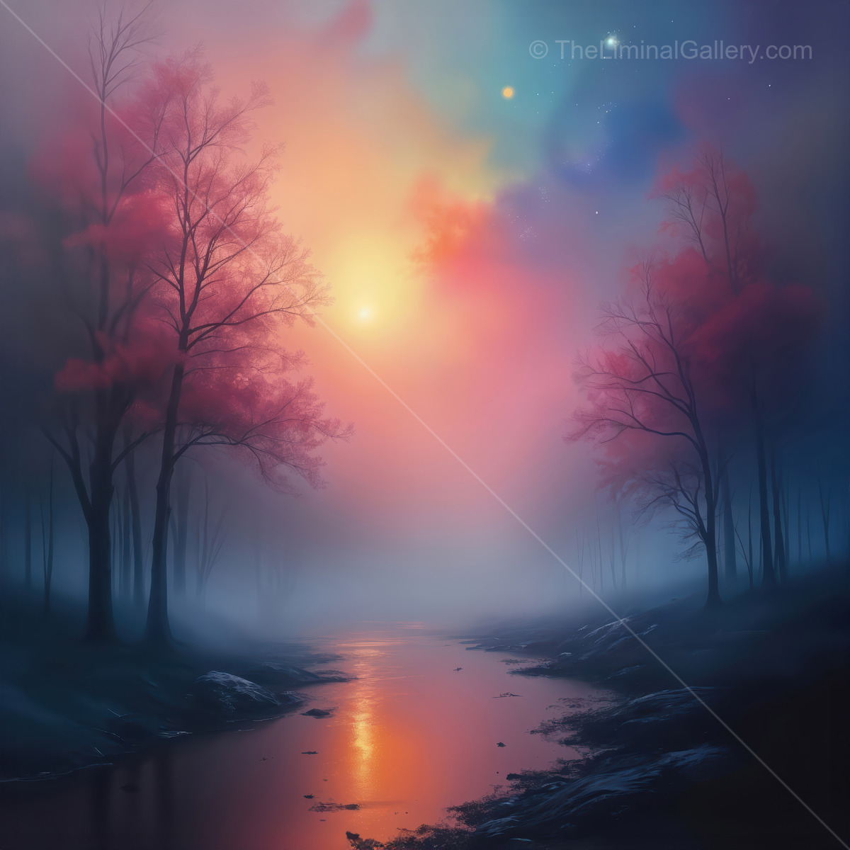 Liminal twilight ignites the river and rainbow treetops, mirrored stars sprinkling the current while warm hues and night's coolness meet in tranquil balance