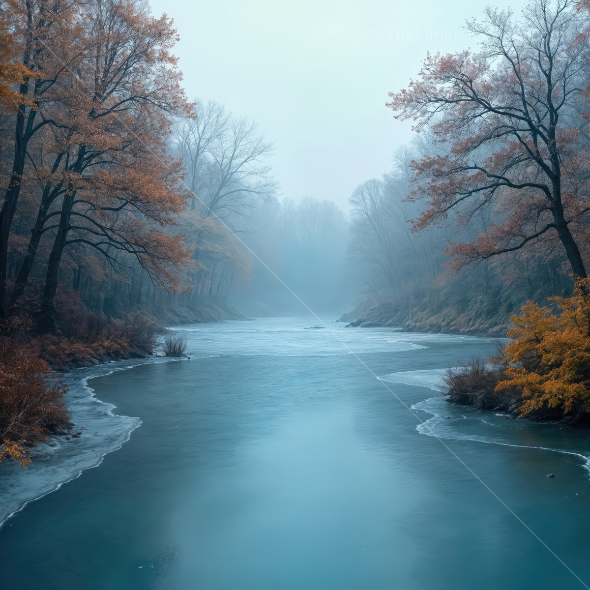 Mysterious twilight river winding through misty autumn woods revealing nature's tranquil liminality