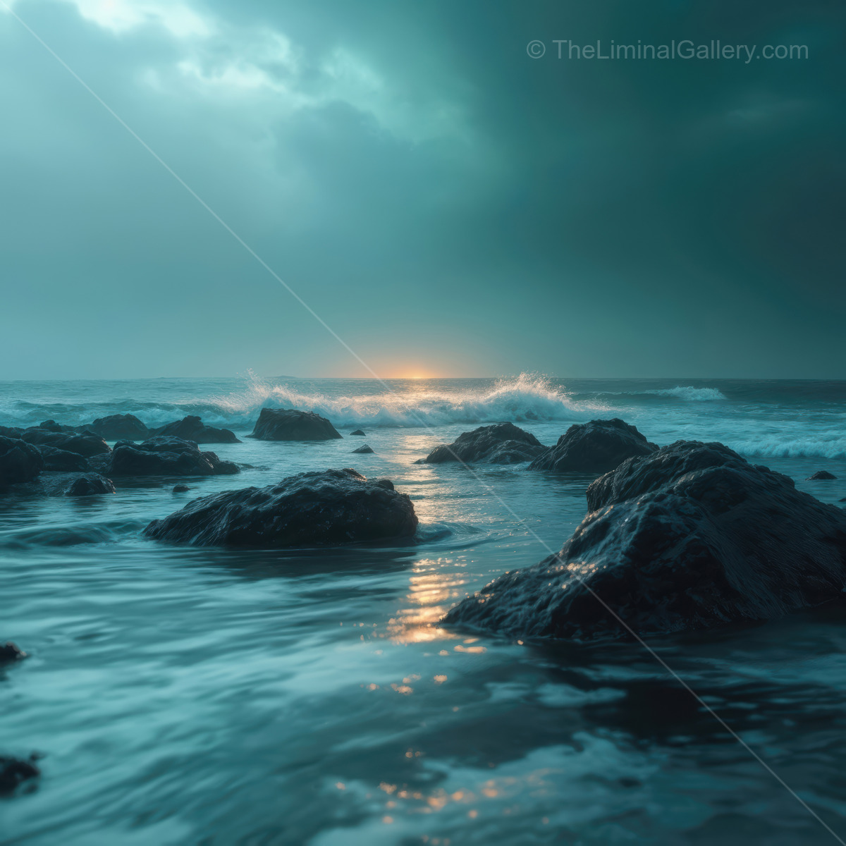 Exploring a liminal seascape at twilight, where sky meets ocean in serene harmony