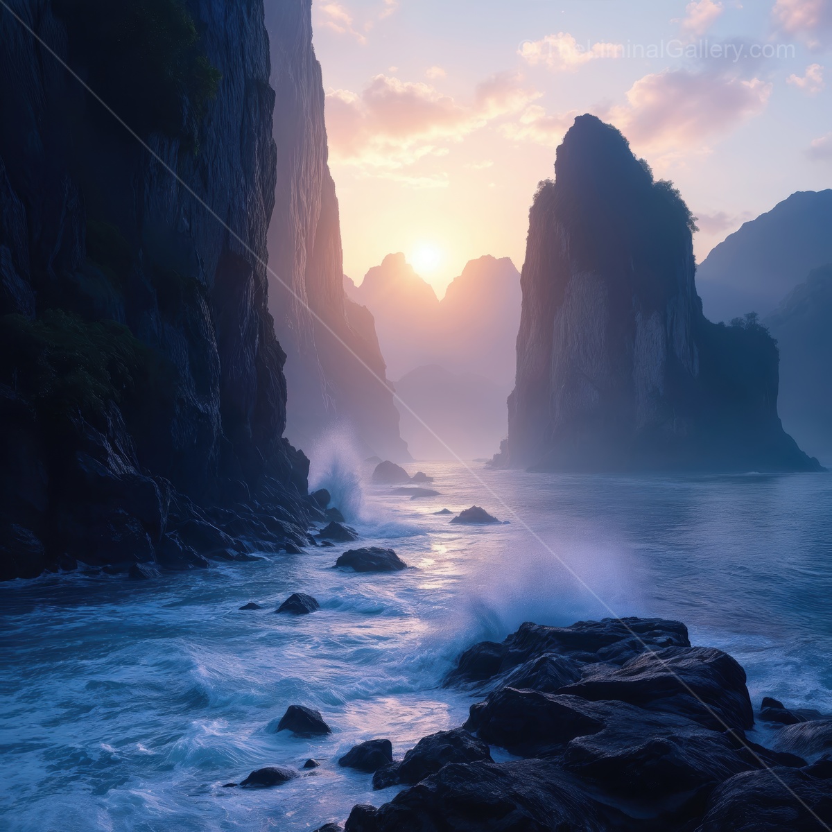 Mystical twilight along the shore, where fog-cloaked cliffs meet the calm sea