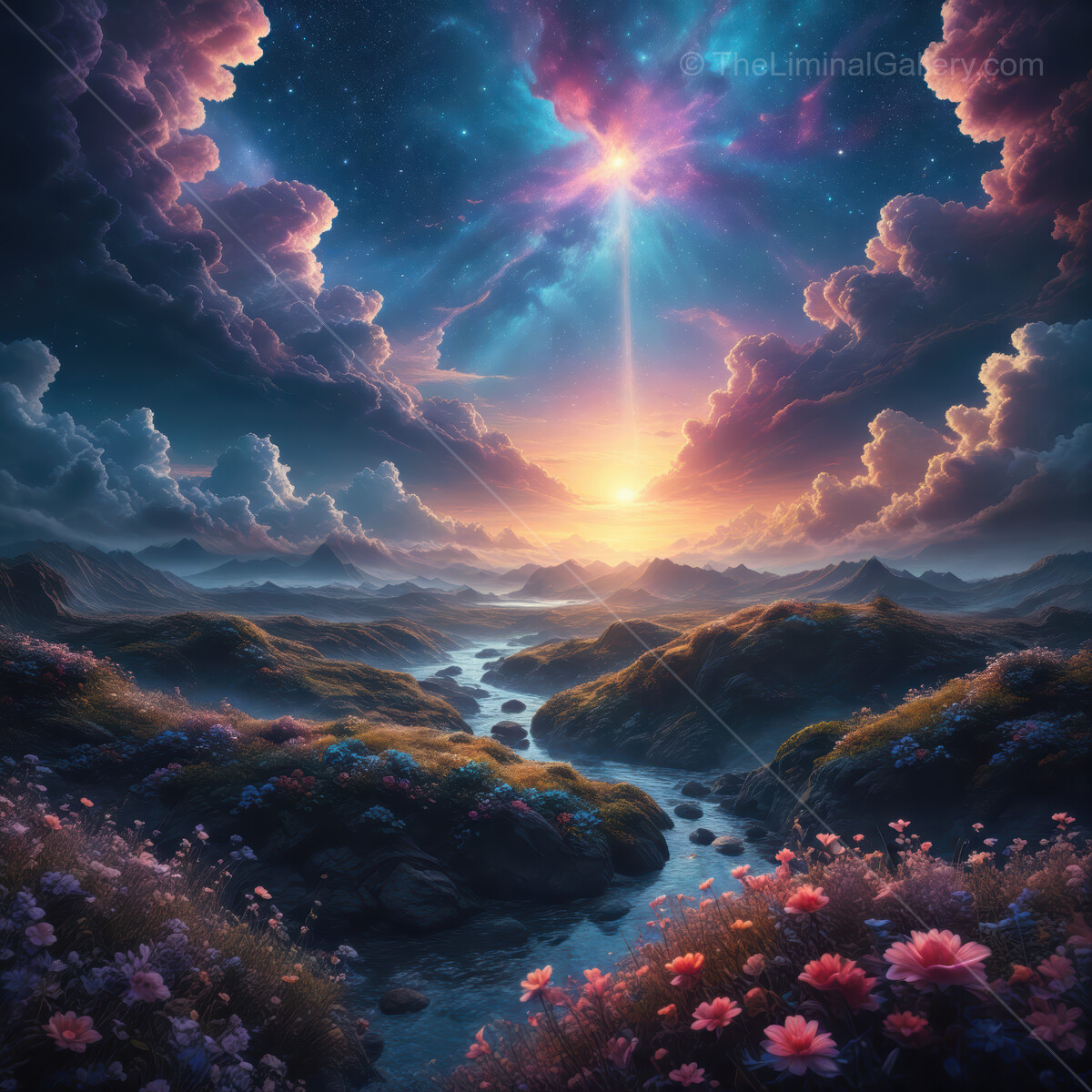 Luminous twilight over a serene valley filled with flowers and distant mountains