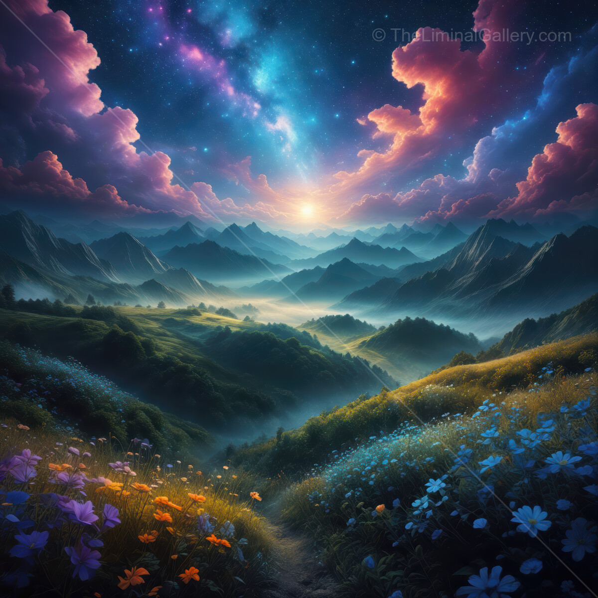 Dusk over a mystical valley adorned with colorful blooms and a breathtaking sky