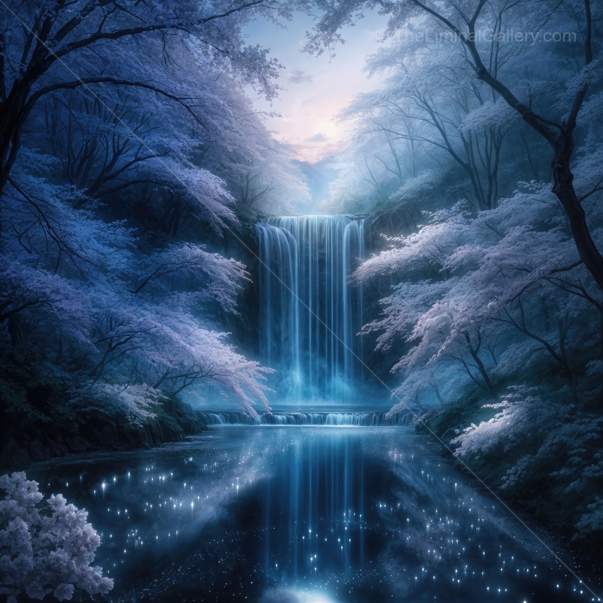 Enchanting twilight waterfall cascading through ethereal blossoms in a tranquil dreamlike landscape