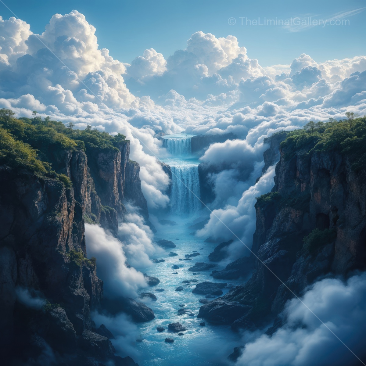 Majestic waterfall cascades through clouds in a serene liminal landscape at twilight