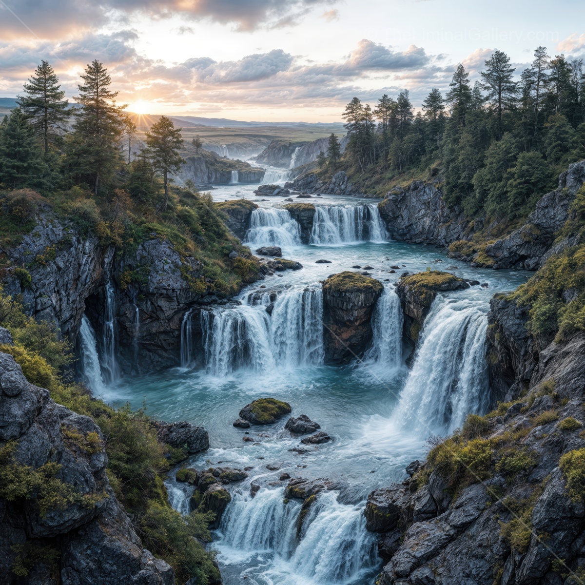 Exploring a serene waterfall landscape at dusk with vibrant nature all around