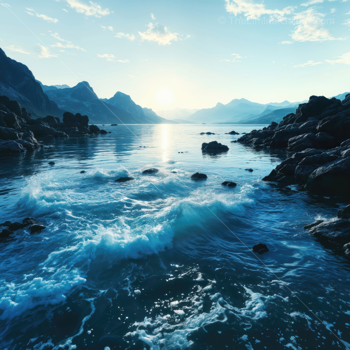 Tranquil waves caress rocky shores under a serene sky at twilight in a liminal coastal landscape