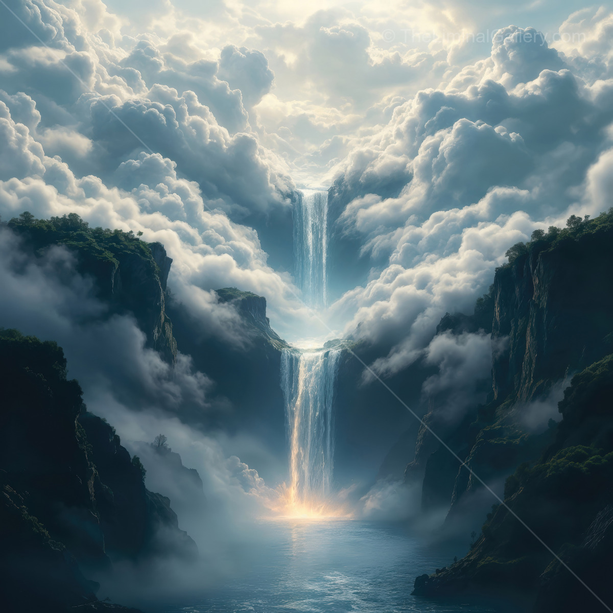 Majestic waterfall emerging from thick misty clouds in a serene valley at dusk