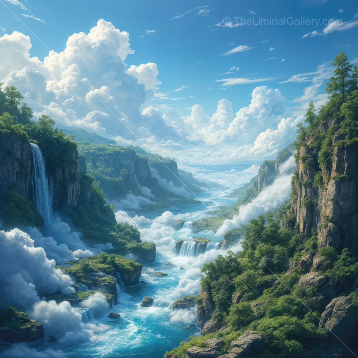 Waterfalls cascade through lush valleys under a dramatic cloudy sky in a tranquil liminal landscape