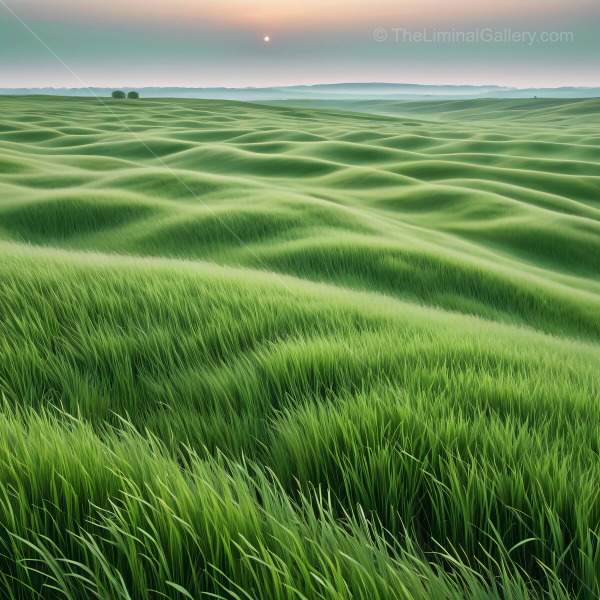 Vibrant liminal green waves of grass rolling under a serene sunrise over the tranquil countryside landscape