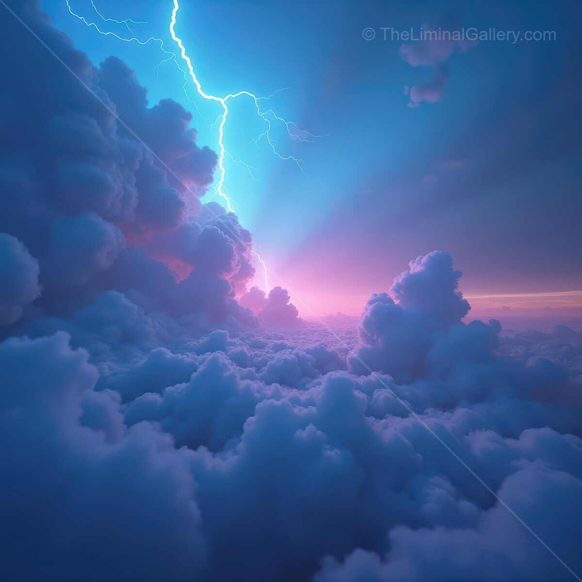 Majestic stormy skies illuminate the horizon with vibrant colors and powerful lightning above the clouds