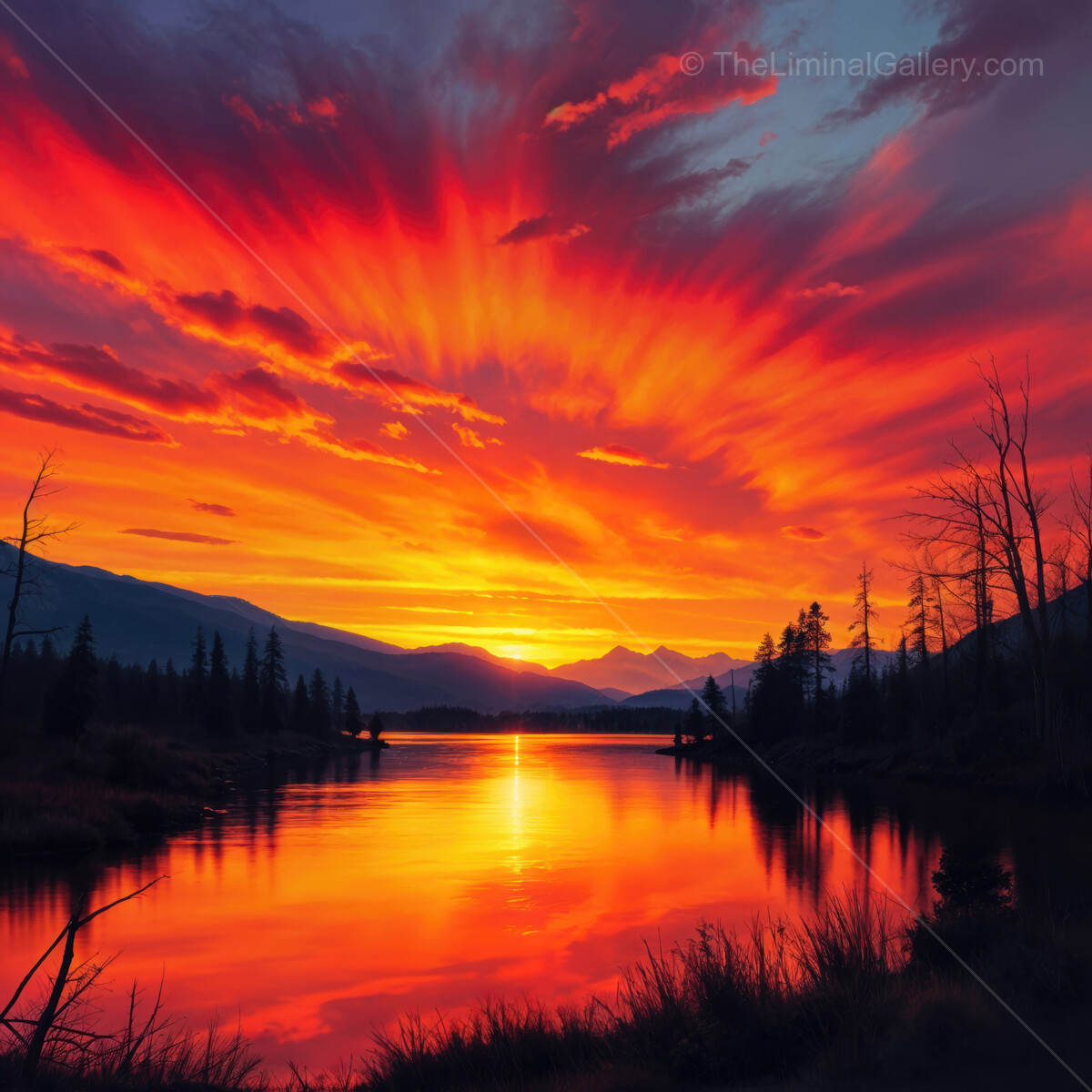 Vibrant sunset over tranquil lake with mountains and dramatic clouds in the background