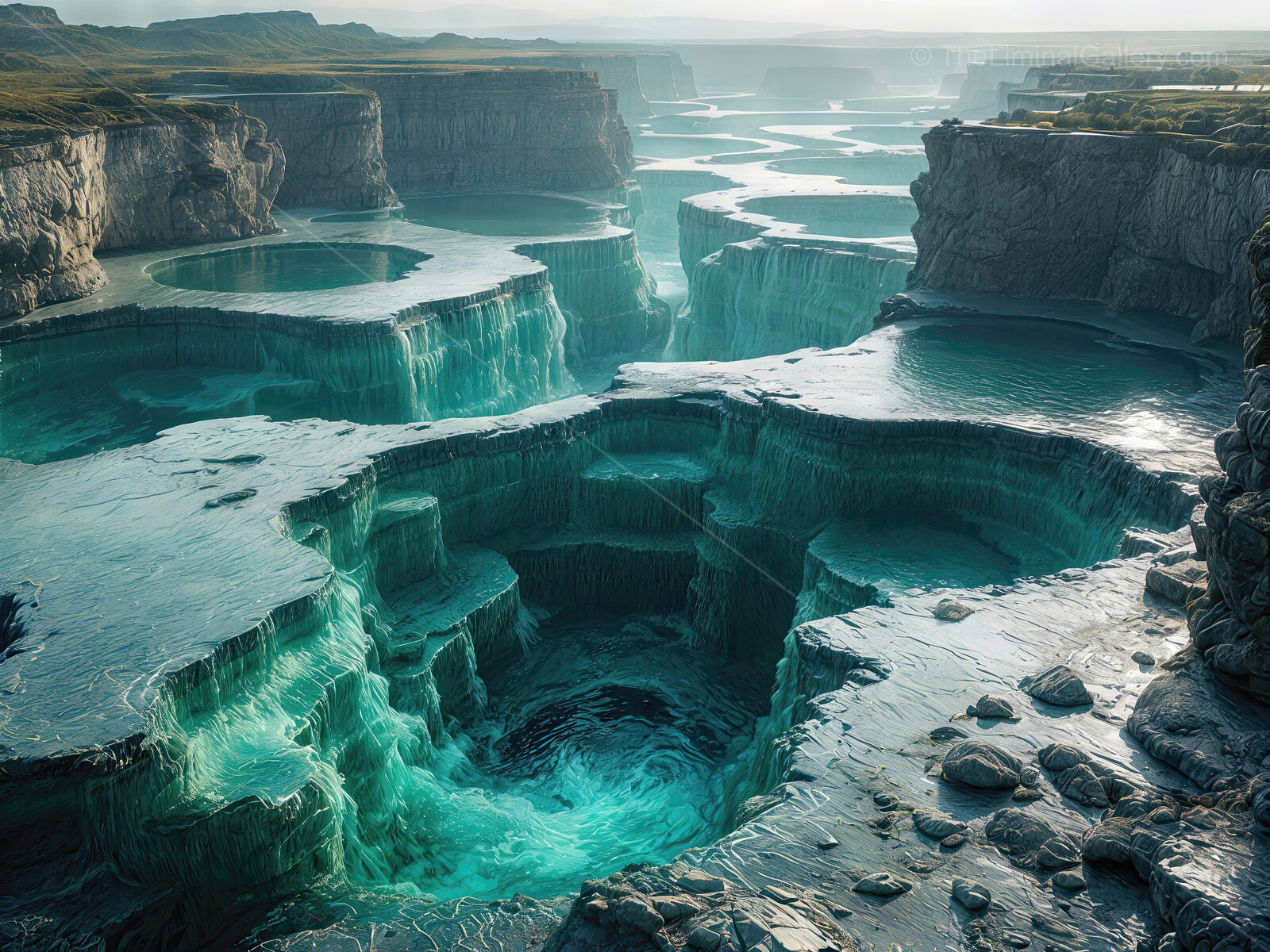 Exploring the surreal beauty of liminal water formations in a mystical landscape