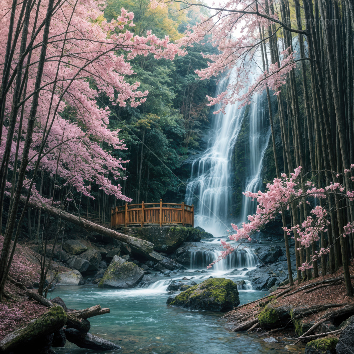 Discovering tranquility in a hidden waterfall surrounded by cherry blossoms and bamboo grove