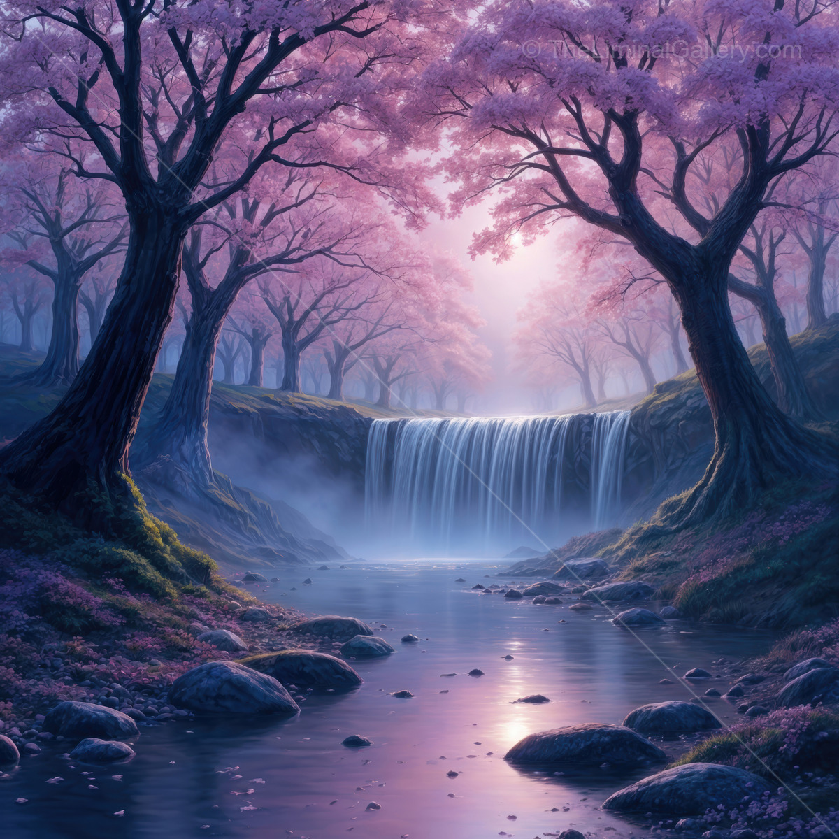 Lush pink cherry blossoms frame a serene waterfall cascading into a tranquil pool at dusk