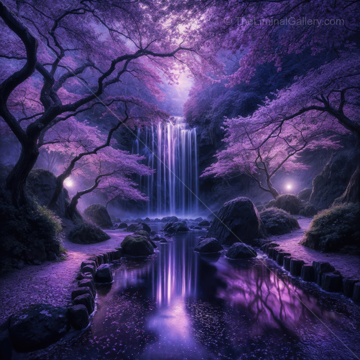 Mystical waterfall surrounded by cherry blossoms under a starry twilight sky