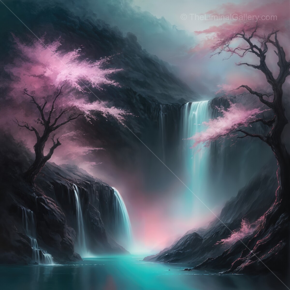 Beautiful liminal cascading waterfalls surrounded by cherry blossom trees at twilight
