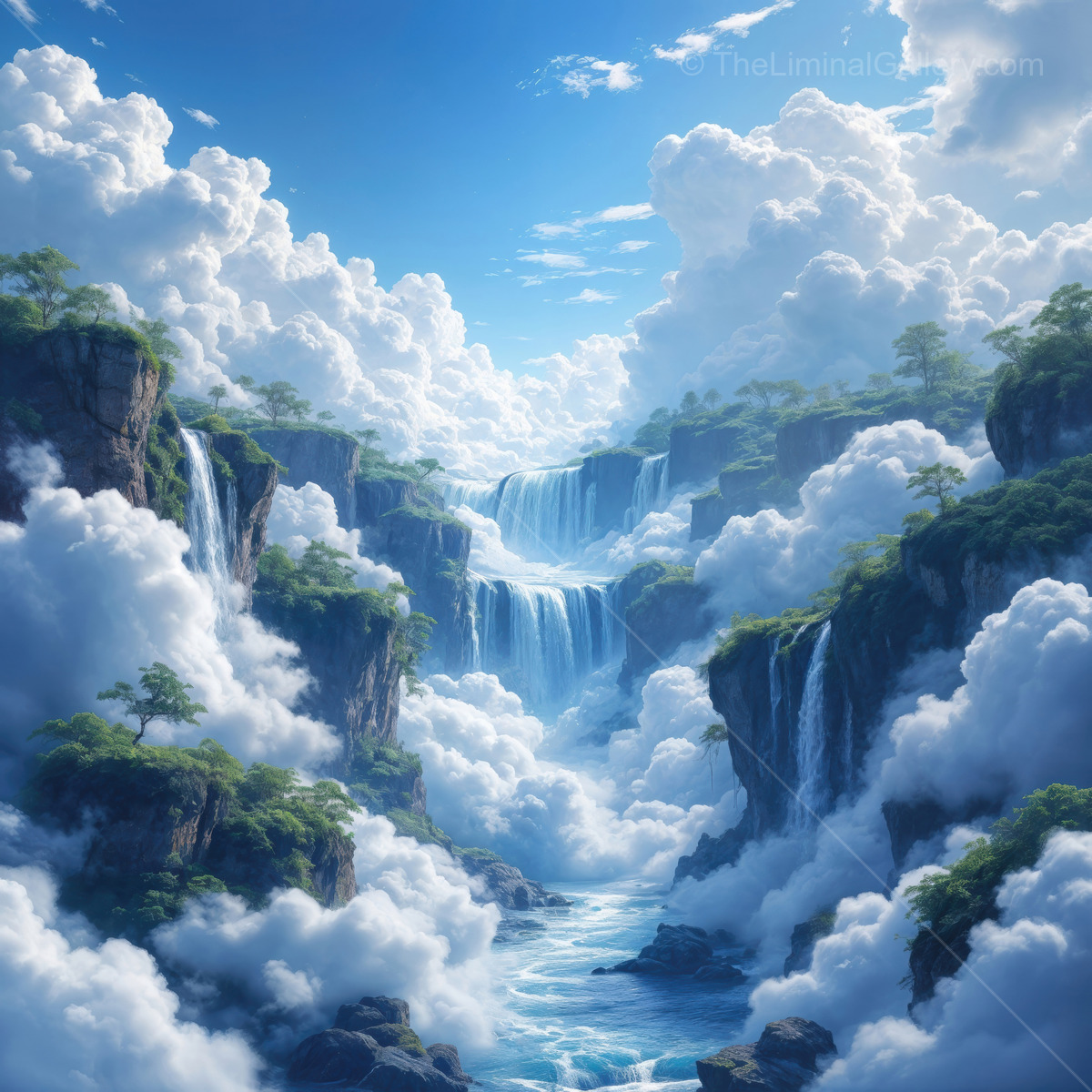 Capture of a surreal waterfall cascading through thick clouds in an ethereal landscape