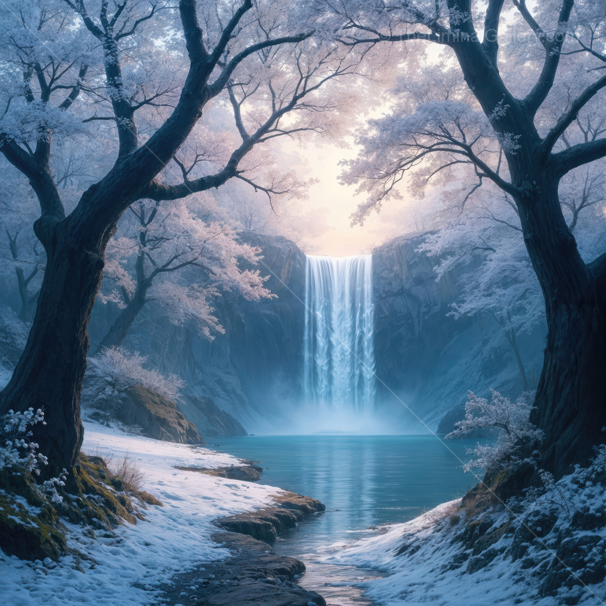 Mysterious waterfall cascades through a serene forest in the liminal twilight