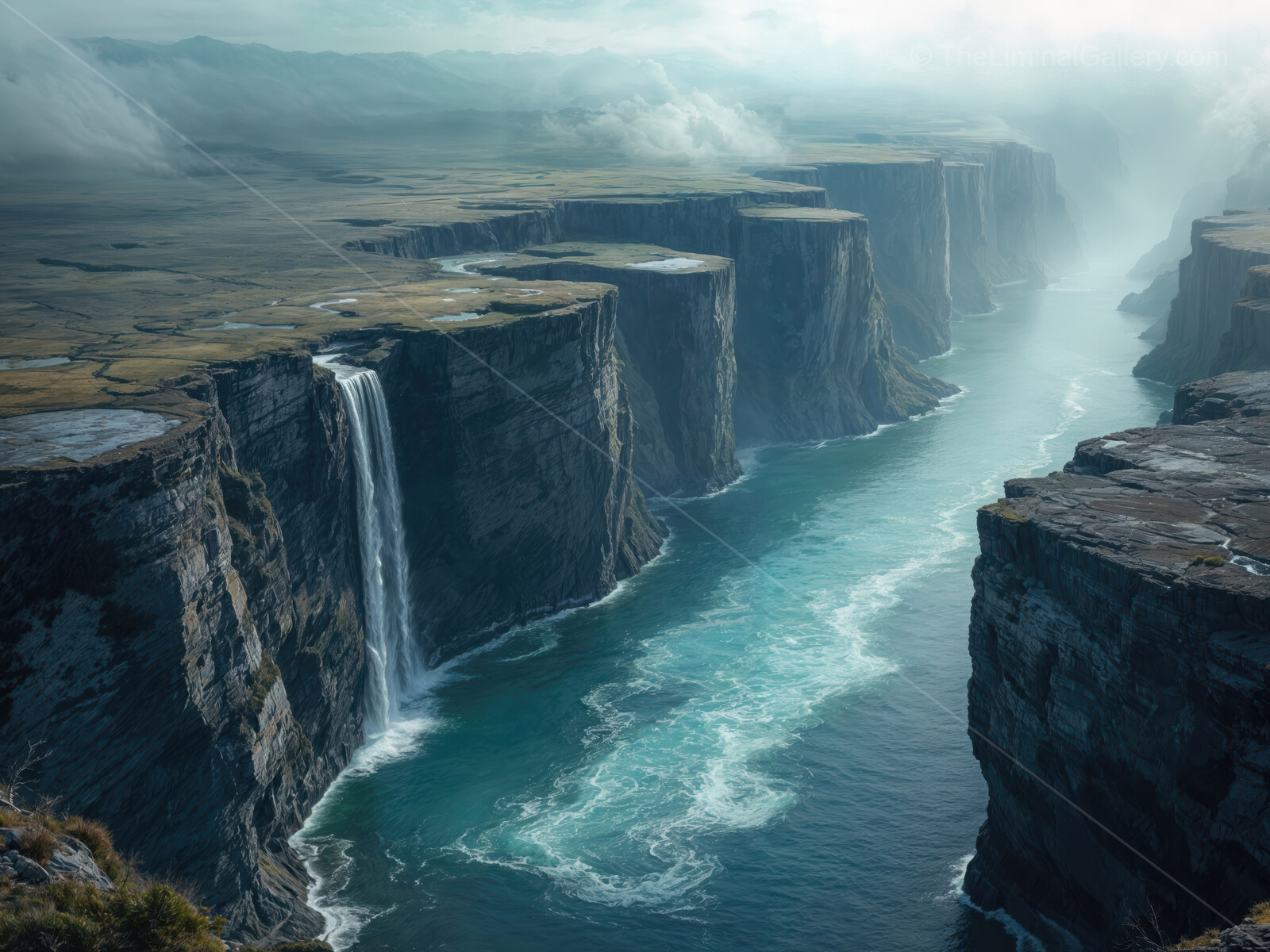 Discovering the surreal essence of liminal landscapes with cascading waterfalls and dramatic cliffs