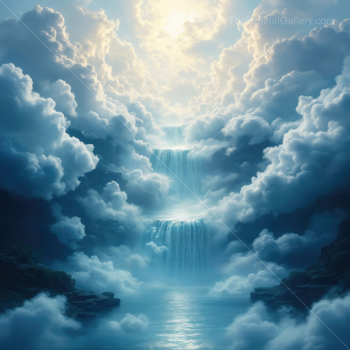 Mysterious waterfalls cascading through ethereal clouds in a liminal realm of tranquility and wonder