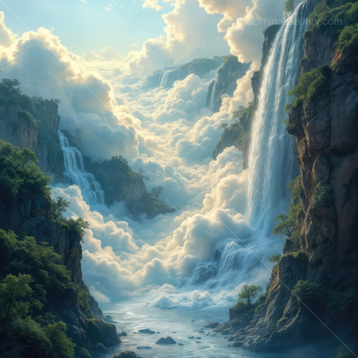 Swirling mists and cascading waterfalls create an ethereal landscape at dawn revealing liminal nature's beauty