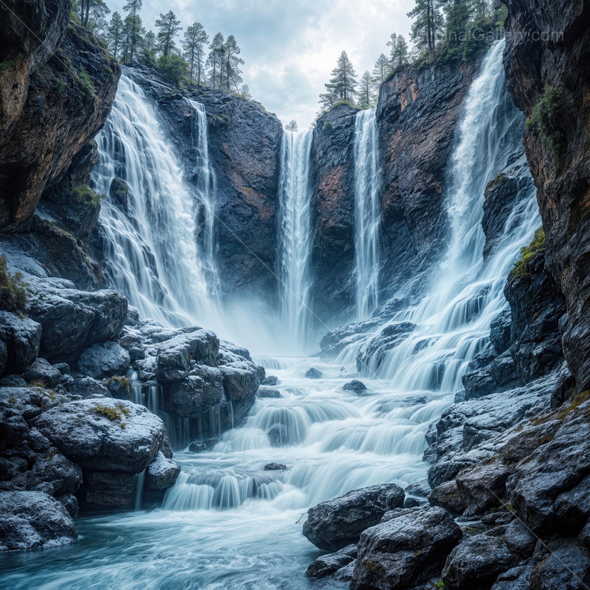 Misty waterfalls cascade through rugged cliffs beneath a cloudy sky at dusk